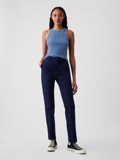 Soft cotton-spandex pants with two-way stretch.  Concealed hook and bar closure.  Zip fly.  Front slant pockets.  Back welt pockets.  Mid rise.  Sleek and straight with a slim fit.  Hits at the ankle.  Model is approx.  5’10” wearing Spandex Pants, Slim Fit Pants, Slim Pants, Navy Pants, Straight Leg Pants, Welt Pockets, On Off, Welt Pocket, Cotton Spandex