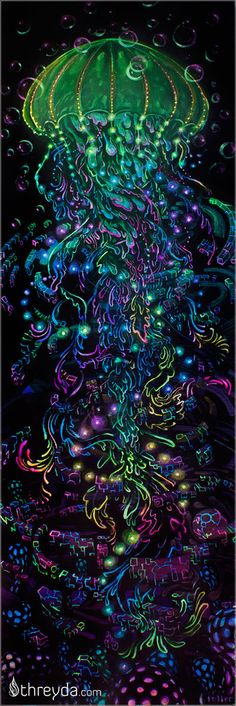 an abstract painting with bright colors and swirls on it's surface, in the dark