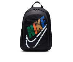 a black backpack with multicolored logo on the front and side panels, featuring an arrow