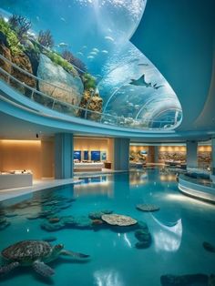 an indoor swimming pool with sea turtles and fish in the water, under a dome ceiling