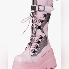 Brand New, Never Worn Mikara Mid-Calf Pink Hologram Platform Lace-Up, Zip-Up Combat Boots With Wedge Heel & Stud & Mesh Details. Size 10 Us 43 Euro. See Pics For Sizing. (The Color Is Pastel Pink. (The Lighting In The Picture Is A Bit Off) Pink Chunky Combat Boots, Boots Calf High, Goth Platform Boots, Goth Platforms, Demonia Boots, Platform Combat Boots, Goth Boots, Gothic Boots, Pink Boots