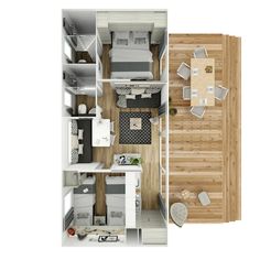 an overhead view of a two bedroom, one bath apartment with living room and kitchen