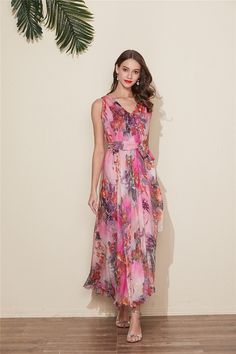 Chiffon V Neck Flower Long Party Dress Evening Wedding Lightweight Sundress Summer Holiday Beach Dress Bridesmaid Dress Maxi Skirt Detail Info: ❤ Color: New pink flower as picture More color choice link: https://www.etsy.com/listing/213656440/chiffon-dress-color-card?ref=shop_home_feat_1 You just note the color number you want with order. ❤ Material: Chiffon ❤ The dress doesn't limit the chest size and waitst size, arm hole 45cm (if your upper arm circle circumference is more than 40cm, please n Spring Wedding A-line Chiffon Dress, Summer Banquet A-line Chiffon Dress, Summer Bridesmaid Chiffon Dress With Flowy Skirt, Summer Wedding Chiffon Dress, Summer Banquet Flowy Maxi Dress, Spring Sleeveless Chiffon Dress For Banquet, Sleeveless Chiffon Dress For Spring Banquet, Floor-length Chiffon Dress For Summer Banquet, Summer Floor-length Chiffon Dress For Banquet