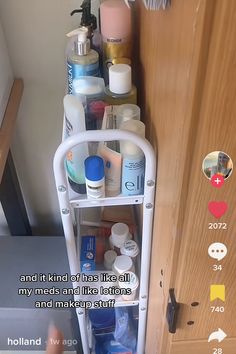 a bathroom shelf filled with lots of different types of toiletries and hygiene products next to a wooden door