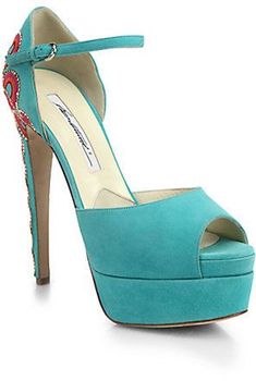 Brian Atwood Simi Embroidered-Heel Suede Platform Sandals Embroidered Heels, Embellished Heels, Shoes World, Walk In My Shoes, Peep Toe Shoes, Unique Shoes