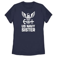 Celebrate your connection to the United States Navy with this striking Women's U.S. Navy Official Eagle Logo Sister T-Shirt. Perfect for family members who want to show their pride, this navy blue tee is adorned with a powerful eagle perched on an anchor design, symbolizing strength and dedication. Below the graphic, the words "US Navy sister" are prominently displayed in a bold white font, making a clear statement of support and solidarity.

- Color: Navy Blue
- Size: Small
- Material: Cotton b Navy Sister, Bold Eagle, Navy Mom, Anchor Design, Sister Tshirts, Eagle Logo, An Eagle, U S Navy, United States Navy