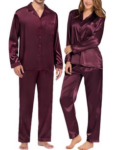 PRICES MAY VARY. ♨️LIGHTWEIGHT & COMFY - This lightweight pajama set is made from premium polyester satin to keep you covered without weighing you down. Enjoy the comfort of satin all year long. TIPS: Each Set of These Matching PJs is Sold Separately, Look Out for “Men” and “Women”. ✨OXFORD STYLE PJ SET - Matching Pajamas for Couples featuring classic sleepwear style. This soft pajama set features a full button front with a camp collar that is easy to get on and off, even on your sorest of days. Affordable Plaid Sleepwear For Pajama Party, Matching Pajamas For Couples Gay, Matching Pajamas For Couples Valentines Day, Matching Boyfriend Girlfriend Christmas Pajamas, Night Dress For Couples, Couples Matching Pajamas, Couples Pajamas, Soft Pjs, Pajamas Silk