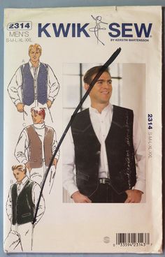 a man wearing a vest and tie in front of an advertisement for kwik sew