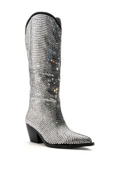 These Rhinestone Boots from Primadons and Donnas are a must-have for any fashionista. Crafted from high-quality materials, these boots are made to order and will take around 2-4 weeks to arrive. If you need them sooner, you can add a rush charge to get them in around 1 week. These boots come in a classic black and silver color with a chunky heel. If you would like this style, please make sure to include it in your order purchase notes. These Rhinestone Boots are sure to make a statement and will Western Style Party Boots With Bling, Rhinestone Knee-high Evening Boots, Glamorous Rhinestone Winter Boots, Elegant Snip Toe Boots With Rhinestones, Western Rhinestone Party Boots, Glamorous Winter Boots With Rhinestones, Glamorous Rhinestones Boots For Fall, Knee-high Rhinestone Boots For Evening, Knee-high Evening Boots With Rhinestones