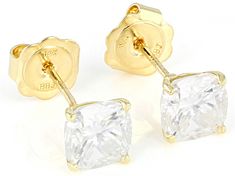 Moissanite Fire(R) 2.60ctw diamond equivalent weight cushion cut, 14k yellow gold stud earrings. Measures approximately 1/4"L x 1/4"W and have tension post backs. Actual moissanite weight is 2.42ctw. Gold Asscher Cut Diamond Earrings, Gold Asscher Cut Earrings Fine Jewelry, Yellow Gold Cushion Cut Earrings With Prong Setting, Cushion Cut Yellow Gold Earrings With Prong Setting, Gia Certified Cushion Cut Gold Jewelry, Yellow Gold Stud Earrings, Ring Spacer, School Jewelry, Popular Jewelry