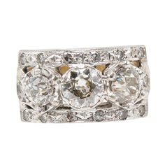 Antique Art Deco 1.51ct European Cut Diamond Band in White & Yellow Gold Rectangular White Gold Diamond Ring, Formal White Gold Diamond Ring With Rectangular Stone, White Gold Diamond Ring With Rectangular Stone, Luxury White Rectangular Ring, Rectangular Platinum Ring Fine Jewelry, Fine Jewelry Platinum Ring, Rectangular Shape, Diamond Ring With Prong Setting Rectangular Stone, White Gold Rings With Prong Setting Of Rectangular Stone, Rectangular Three Stone Diamond Jewelry