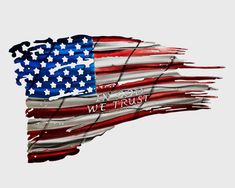 an american flag with the words we trust in red, white and blue paint splattered on it