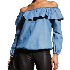 Michael Michael Kors Denim Top With Draped Ruffle Trim Approx. 27"L From Shoulders To Hem Off-The-Shoulder Neckline Long Sleeves; Approx. 22"L Elasticized Cuffs Relaxed Silhouette Pullover Style Cotton/Lyocell Beautiful Soft Fabric Smoke Free Clean House Chic Chambray Denim Top For Day Out, Blue Denim Top With Ruffles For Spring, Trendy Denim Blue Top With Ruffles, Blue Denim Blouse With Ruffles, Blue Denim Top With Ruffles, Chic Denim Top With Ruffles, Denim Blue Ruffled Top For Day Out, Handkerchief Hem Top, Shimmer Blouse