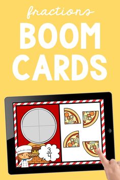 a hand holding an ipad with the words fractions boom cards on it and a cartoon character