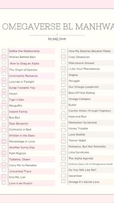 a pink and white checklist with the words omegaves el manhwa