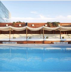 an empty swimming pool in front of a hotel with sun beds and plants on the roof