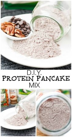 the ingredients for this protein pancake mix are displayed on a white plate, including almonds and powdered sugar