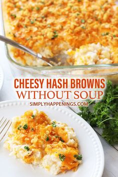 cheesy hash browns without soup on a white plate with a fork next to the casserole