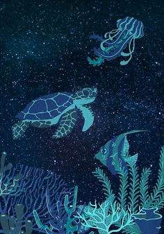 two sea turtles swimming in the ocean with corals and fish under them at night