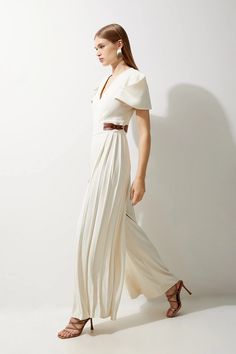 Petite Soft Tailored Crepe Tab Detail Pleated Jumpsuit | Karen Millen Elegant Spring Workwear Jumpsuits And Rompers, Chic Pleated Jumpsuits And Rompers For Spring, Elegant Spring Jumpsuits And Rompers For Work, Elegant Pleated Jumpsuits And Rompers For Summer, Elegant Wide Leg Belted Jumpsuits And Rompers, Chic Beige Evening Jumpsuits And Rompers, Chic Wide-leg Jumpsuits And Rompers For Day Out, Chic Belted Jumpsuits And Rompers For Formal Occasions, Chic Belted Jumpsuits And Rompers For Formal Events