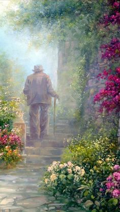 a painting of a man with a cane walking up some steps in front of flowers