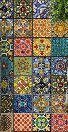 colorful tiles are arranged in the shape of squares and circles, all with different colors