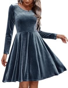 PRICES MAY VARY. FEATURES: This tea halloween prom dress features a classic design with long sleeves, an A-line silhouette, and a midi knee length, exuding elegance. It is crafted from Velvet Material, providing a delightful combination of softness, comfort, stretchiness, and a lightweight feel. The fabric allows for a graceful flow as you walk and feels gentle against your skin, ensuring you feel both stylish and comfortable throughout your event. VERSATILE MATCHING: Flaunting a simple yet flat Long Sleeve Knee Length Dress, Womens Velvet Dresses, Velvet Dress Long, Chic Shirts, Air Force Blue, Goth Dress, Dresses For Teens, Active Wear Leggings, Basic Style