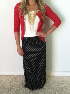 Nice combo! Long Black Skirt, Interview Dress, White Polka Dot Skirt, Skirt Diy, Interview Style, Maxi Skirt Outfits, Rock Outfit, Black Maxi Skirt