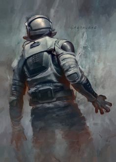 a painting of a man in a space suit with his hands out to the side