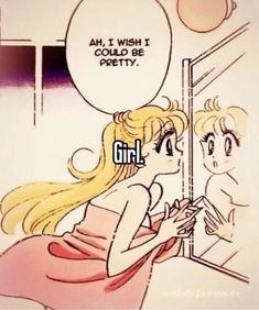 a cartoon girl looking at herself in the mirror and saying, ah i wish i could be pretty