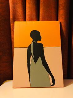 a painting of a woman standing in front of a brown curtain with an orange background