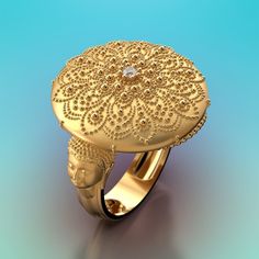 Elevate your spiritual journey with our exquisite Gold Ring, a symbol of inner peace and timeless elegance. This remarkable ring features a mesmerizing Mandala decoration on the central large dome, adorned with a delicate small diamond at its heart. Handcrafted in Italy, it is available in both 14k and 18k genuine gold, ensuring its enduring quality and luxurious allure. The Mandala, with its intricate design and the radiant diamond at its center, encapsulates the essence of meditation and spiritual enlightenment. Each glance serves as a reminder of the harmony and balance that are at the core of your being. As you explore the ring's shank, you'll find meticulously detailed Buddha heads, representing wisdom and serenity. This ring transcends mere fashion; it's a wearable meditation, a dail Mandala Decoration, Mandala Gold, Mandala Jewelry, Meditation Spiritual, Buddha Jewelry, Radiant Diamond, Gold Piece, Black Gift Boxes, Domed Ring