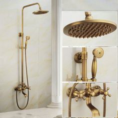 the shower head and handset are shown in three different pictures, including gold fixtures