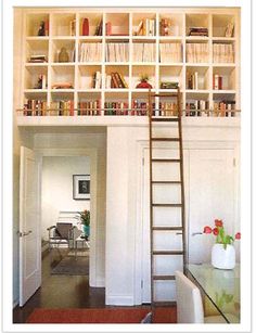 there is a ladder in front of the bookshelf