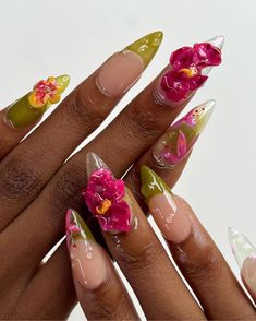 Meganium Pokemon, Colorful Flower Nails, Pink Green Nails, Pink Floral Nails, Jamaica Nails, Bloom Hair, Flower Acrylic, London Nails