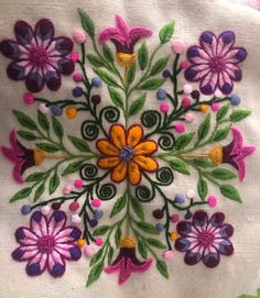 an embroidered piece of cloth with colorful flowers and leaves on the front, in various colors