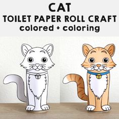 three paper cats sitting on top of a wooden table with the words cat toilet paper roll craft colored and coloring