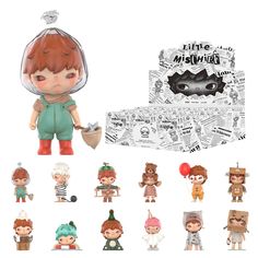 the figurines are all in different styles and sizes, including one with an orange hair