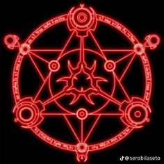 a red neon pentagramil on a black background with circles and stars in the center