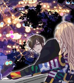 two anime characters sitting on a bench in front of a cityscape at night