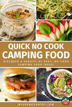 the cover of quick no cook camping food, with pictures of different foods and vegetables