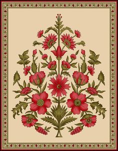 a floral design with red flowers and green leaves on a beige background