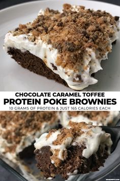 chocolate caramel protein brownies with white frosting and crumbs on top