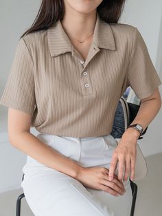 Khaki Casual Collar Short Sleeve Polyester Plain  Embellished Slight Stretch  Women Tops, Blouses & Tee Collared T-shirt With Button Closure For Spring, Spring Collared T-shirt With Button Closure, Casual Khaki Tops With Buttons, Casual Beige Blouse With Collared Neckline, Casual Khaki Tops With Collar, Trendy Collared Beige Top, Casual Beige Top With Buttons, Khaki Collared Top, Beige Button-up Solid Color Top