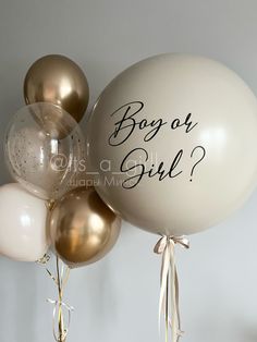 a bunch of balloons with the words boy or girl written on them, hanging from a wall