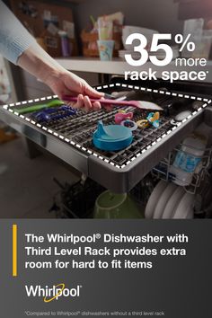 the whirlpool dishwasher with third level rack provides extra room for hard to fit items