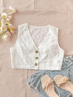 Blanco Bohemio Collar sin mangas Tela tricotada Liso  Embellished No-Elástico Verano Organza Top Outfit, Cotton Dress Summer Casual, Cotton Short Tops, New Saree Blouse Designs, Simple Frocks, Quilted Clothes, Kids Dress Patterns, Frock For Women, Fashion Top Outfits