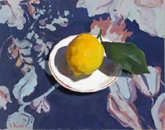 a painting of a lemon on a white plate with green leaves and flowers in the background