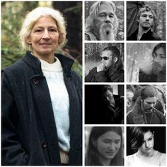 a collage of photos with people in black and white, including an older woman