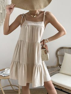 Simple Dress Styles Casual, Linen Square Neck Sundress, Apricot Color Outfit, Nude Top Outfit, Nude Color Dress, Short Sundress, Simple Summer Dresses, Summer Day Dresses, Frock Fashion